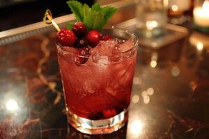 AI generated cranberry cocktail with mint garnish on light background photo