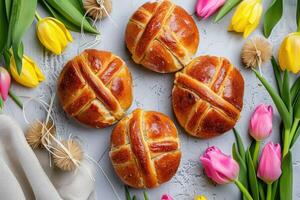 AI generated Easter baked hot cross buns festive Easter dessert, mini eggs, spring flowers, space for text photo