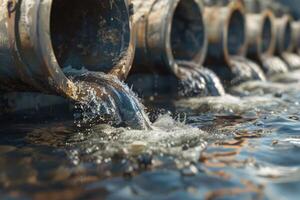 AI generated Water pollution, environment contamination. Contaminated water, Dirty sewage flows from pipe photo