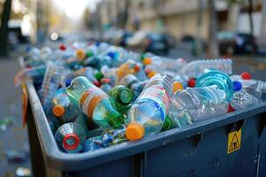 AI generated recyclable plastic bottles in garbage bin environment. Waste separation. Sorting garbage photo