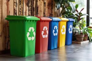 AI generated Waste sorting garbage bins, trash cans. Sorting garbage. ecology rubbish recycling photo