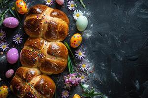 ai generado Pascua de Resurrección horneado caliente cruzar bollos festivo Pascua de Resurrección postre, mini huevos, primavera flores, espacio para texto foto