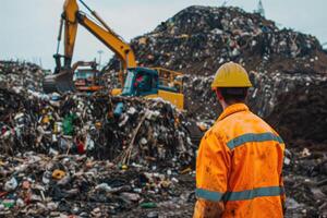 AI generated worker looking at an excavator unloading garbage at waste sorting plant photo