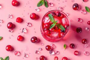 AI generated cranberry cocktail with mint garnish on light background photo