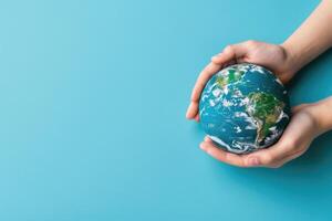 AI generated close up Hands holding earth globe, leaves and flowers on background, space for text, earth day photo