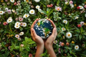 ai generado cerca arriba manos participación tierra globo, hojas y flores en fondo, espacio para texto, tierra día foto