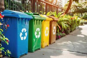 AI generated Waste sorting garbage bins, trash cans. Sorting garbage. ecology rubbish recycling photo
