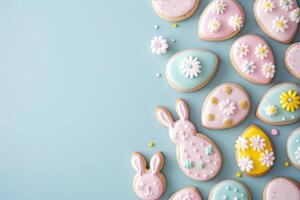 AI generated easter iced cookies in egg shapes and bunny shapes, festive Easter dessert, space for text photo