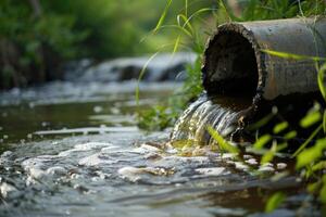 AI generated Water pollution, environment contamination. Contaminated water, Dirty sewage flows from pipe photo