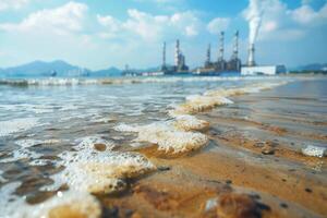 AI generated environmental impact industrial activity, Oil and wastewater spilling on beach of industrial city photo