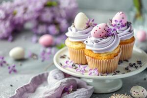 AI generated Easter cupcakes festive Easter dessert, decorated with mini eggs, spring flowers, space for text photo