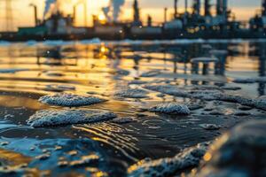 ai generado ambiental impacto industrial actividad, petróleo y aguas residuales derramar en playa de industrial ciudad foto
