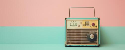 AI generated retro radio on pastel background, music recorder, nostalgia, World Amateur Radio Day, space for text photo