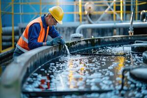 AI generated Worker opening valve in tank system of sewage treatment plant photo