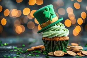 AI generated festive St. Patrick Day dessert, cupcake decorated with shamrock, green hat, coins, space for text photo