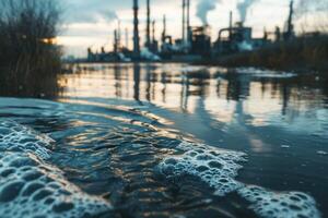 AI generated environmental impact industrial activity, Oil and wastewater spilling on beach of industrial city photo