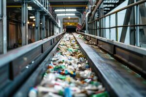 AI generated Recycling line for waste and secondary materials. sorting trash. plastic Garbage recycling conveyor photo