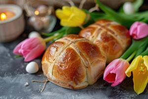 AI generated Easter baked hot cross buns festive Easter dessert, mini eggs, spring flowers, space for text photo