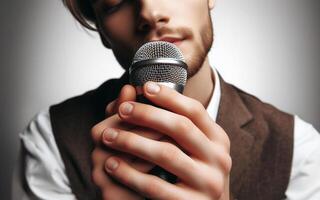 AI generated hand holding microphone The singer's arms are extended forward, the background is white. photo