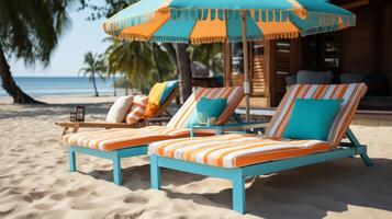 AI generated Lounge Chairs on Sandy Beach photo