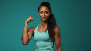 AI generated Woman Flexing Muscles in Front of Green Background photo