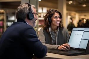 ai generado hombre y mujer trabajando juntos a mesa con ordenador portátil foto