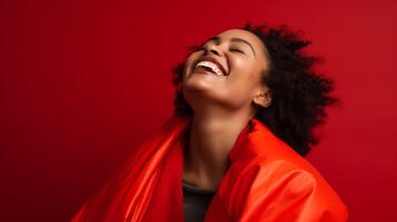 AI generated Woman Laughing in Red Jacket photo