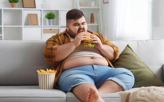 ai generado grasa hombre sentado y comiendo hamburguesa en el sofá. en el vivo habitación el concepto de obesidad porque de comiendo basura comida foto