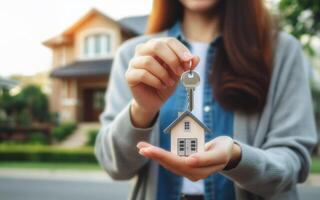 AI generated woman holding house keys standing in front of the house Real estate trading concept photo
