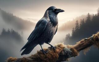 AI generated Crow sitting on a branch, bird, blurred pine forest background, bird photo