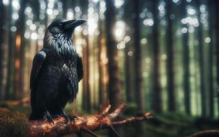 AI generated Crow sitting on a branch, bird, blurred pine forest background, bird photo
