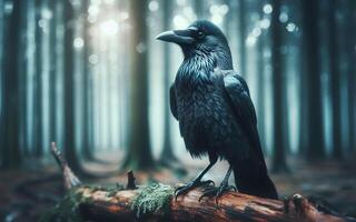 AI generated Crow sitting on a branch, bird, blurred pine forest background, bird photo