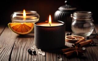 AI generated Black candle, home decoration candle, vanilla scent Candlestick on wooden floor photo