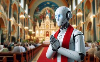 ai generado robot sacerdote en iglesia. moderno mundo. artificial inteligencia reemplazo concepto. robot como espiritual líder. foto