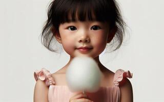 AI generated girl holding cotton candy Smiling face, white background photo