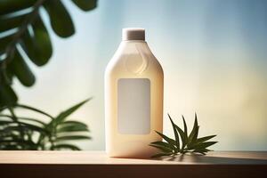 AI generated A bottle of liquid is sitting on a table next to a leafy green plant. The bottle is white and has a label on it. The scene is peaceful and calming, with the plant photo