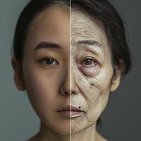 AI generated Two faces, one of which is a young woman and the other an older woman. The older woman's face has wrinkles and sagging skin, while the young woman's face is smooth and youthful photo