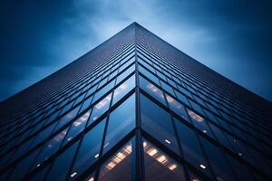 AI generated A tall building with a blue sky in the background. The building is made of glass and has a sharp corner photo