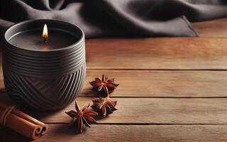 AI generated Black candle, home decoration candle, vanilla scent Candlestick on wooden floor photo