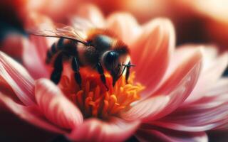 AI generated Bees sniffing flowers. Bees sucking nectar and pollen. Close up photo