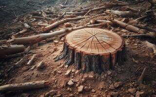 ai generado tocón el árbol tiene estado cortar abajo, dejando sólo el tocón. destructivo bosque antecedentes. corte abajo arboles deforestación. foto