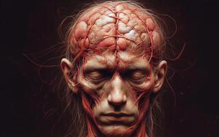 ai generado humano cabeza músculos y sangre vasos fantasía demonio cabeza concepto. foto