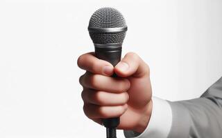 AI generated hand holding microphone The singer's arms are extended forward, the background is white. photo