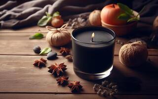 AI generated Black candle, home decoration candle, vanilla scent Candlestick on wooden floor photo