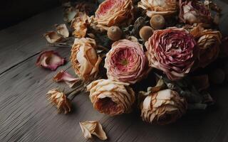 AI generated Flowers dry, wither and fall. The background is dull and not bright. photo