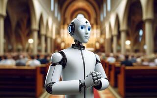 ai generado robot sacerdote en iglesia. moderno mundo. artificial inteligencia reemplazo concepto. robot como espiritual líder. foto