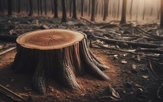 ai generado tocón el árbol tiene estado cortar abajo, dejando sólo el tocón. destructivo bosque antecedentes. corte abajo arboles deforestación. foto