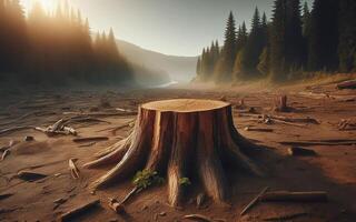 ai generado tocón el árbol tiene estado cortar abajo, dejando sólo el tocón. destructivo bosque antecedentes. corte abajo arboles deforestación. foto