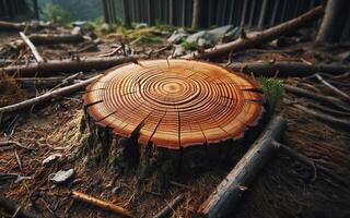 AI generated Stump The tree has been cut down, leaving just the stump. Destructive forest background. Cutting down trees. Deforestation. photo