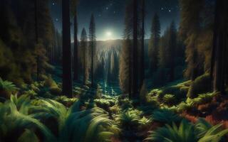 AI generated Full moon in the dense forest at night. photo